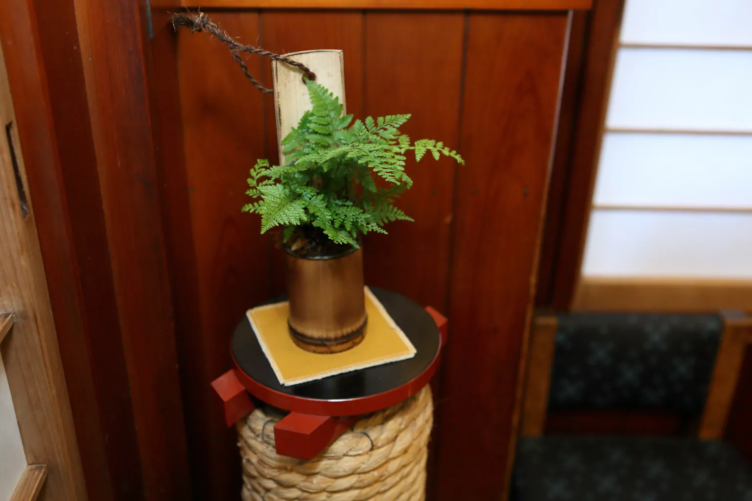 「さか本 そば店」の店内に飾られたつりしのぶ。ほかにも風鈴や金魚鉢といった、江戸時代から続いてきた涼を感じさせるための心遣いがあちこちに。