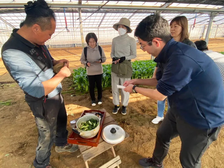 埼玉県から参加した、以前にもK&K Farmの小松菜を食べたことがあるという男性。「ここの小松菜を食べるとスーパーでは物足りなくなってしまうんですよね」と語ります。